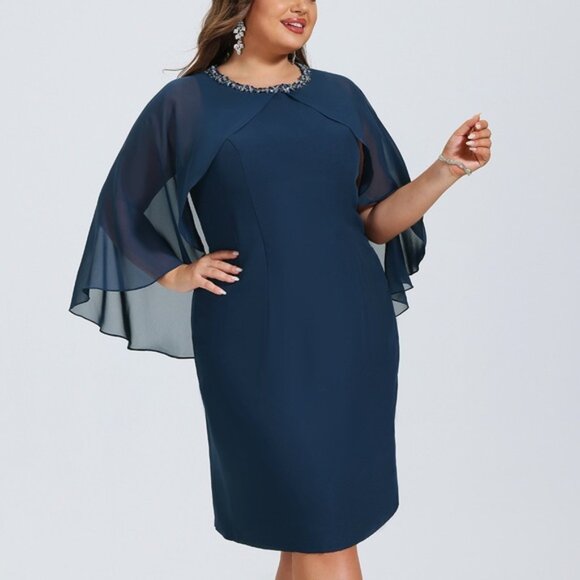 NWT JJ’s House Sequin Beaded Cocktail Chiffon Midi Dress in Navy | 16 - Picture 2 of 8